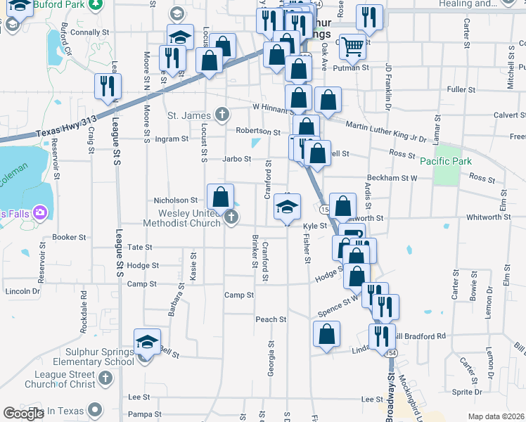 map of restaurants, bars, coffee shops, grocery stores, and more near 705 Cranford Street in Sulphur Springs