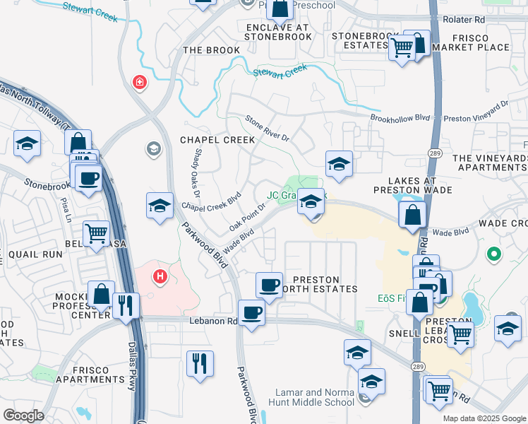 map of restaurants, bars, coffee shops, grocery stores, and more near 7969 Oak Point Drive in Frisco