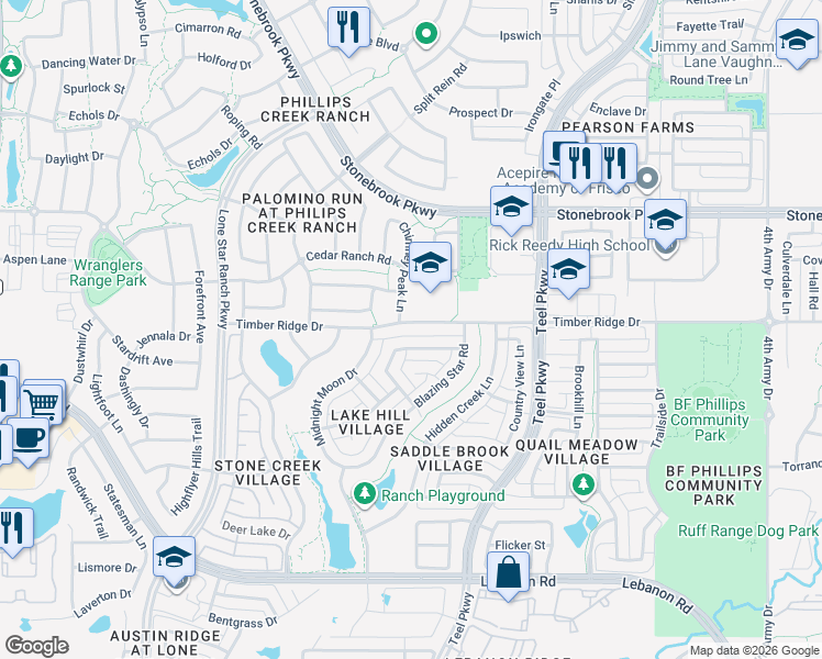 map of restaurants, bars, coffee shops, grocery stores, and more near 1875 Timber Ridge Drive in Frisco
