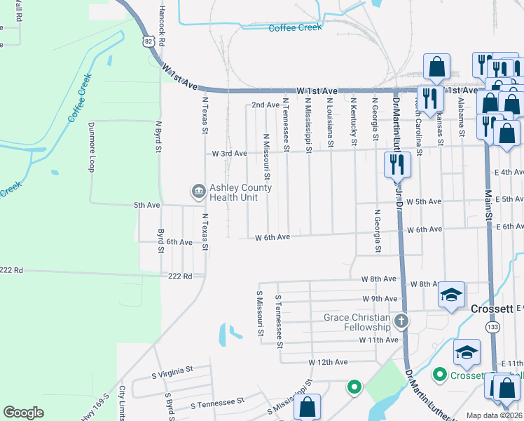 map of restaurants, bars, coffee shops, grocery stores, and more near 502 North Missouri Street in Crossett