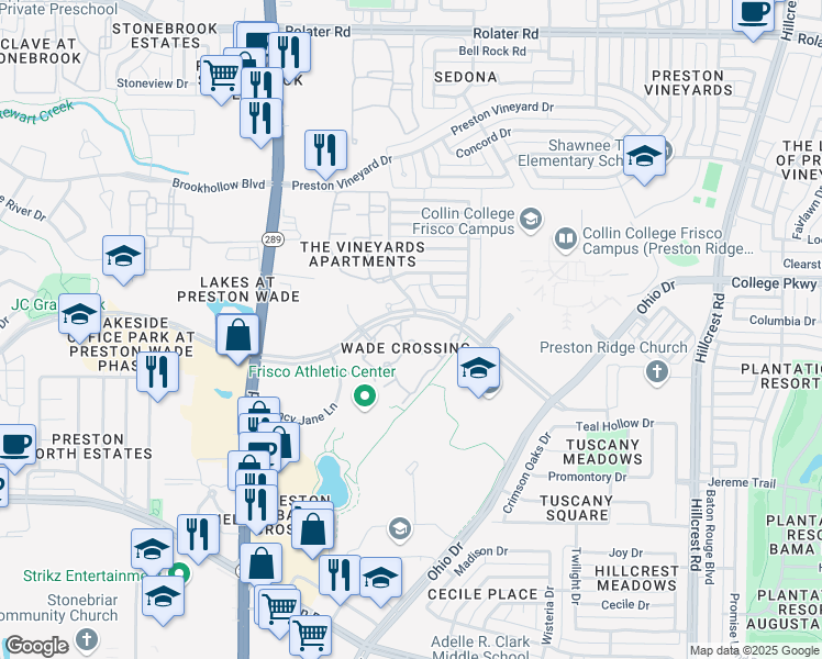 map of restaurants, bars, coffee shops, grocery stores, and more near 9939 Wade Boulevard in Frisco