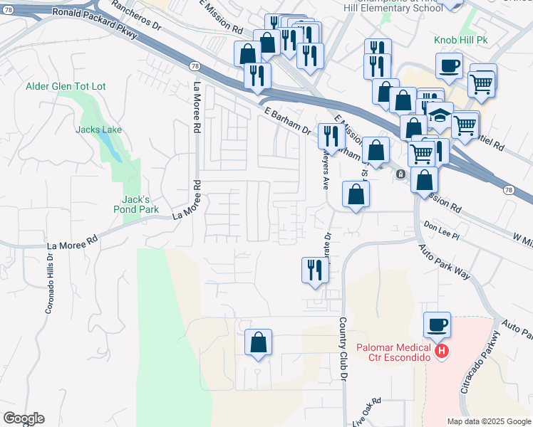 map of restaurants, bars, coffee shops, grocery stores, and more near 41 Grande Vista in San Marcos