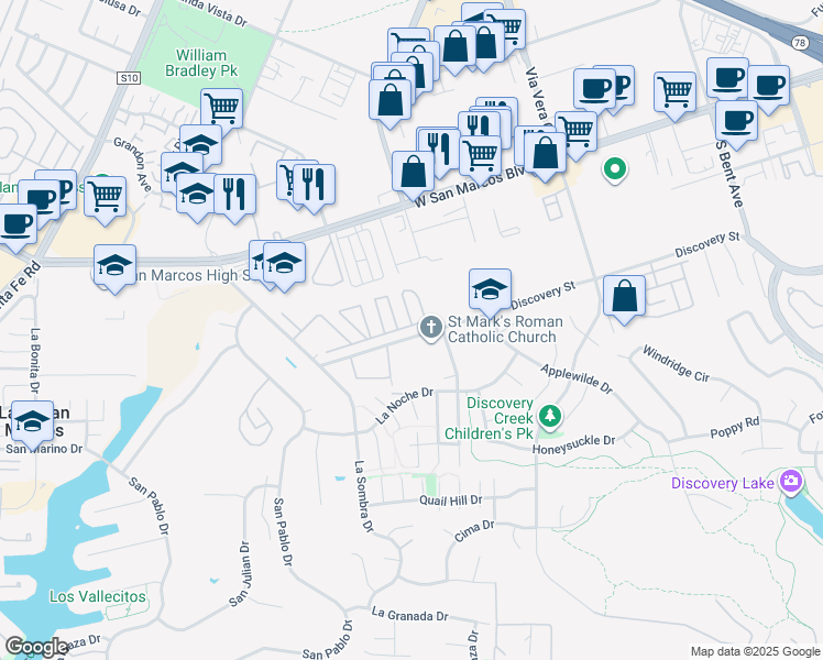 map of restaurants, bars, coffee shops, grocery stores, and more near 1286 Discovery Street in San Marcos