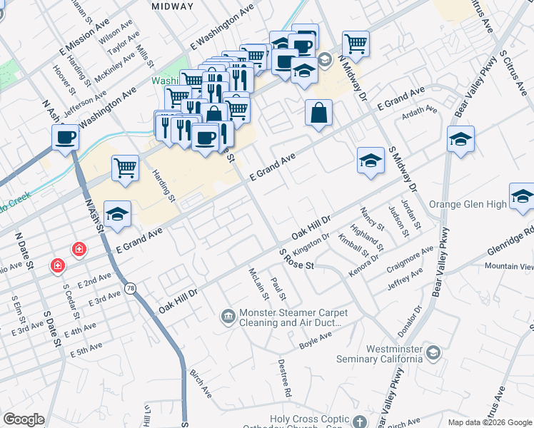map of restaurants, bars, coffee shops, grocery stores, and more near 1624 Hawk Ridge Place in Escondido
