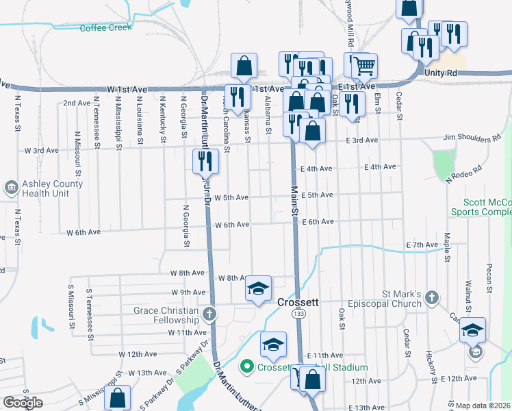 map of restaurants, bars, coffee shops, grocery stores, and more near 506 Alabama Street in Crossett