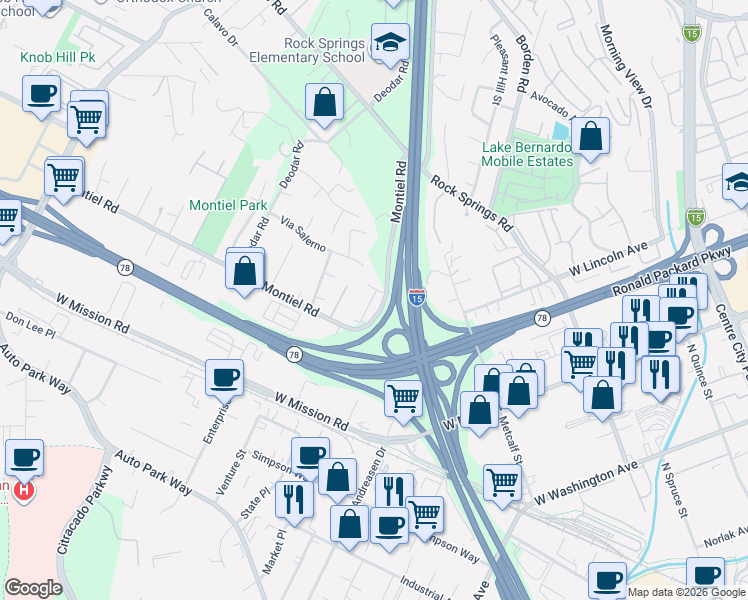 map of restaurants, bars, coffee shops, grocery stores, and more near 789 Trunorth Circle in Escondido