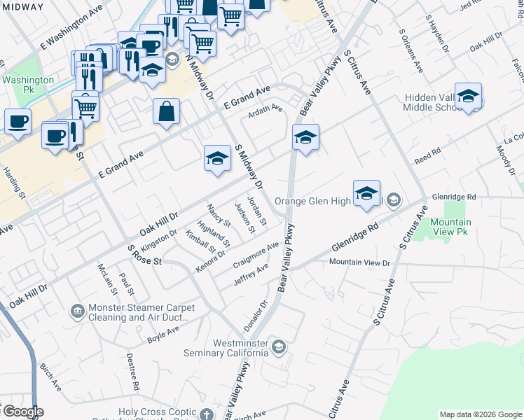 map of restaurants, bars, coffee shops, grocery stores, and more near 1948 Kenora Drive in Escondido
