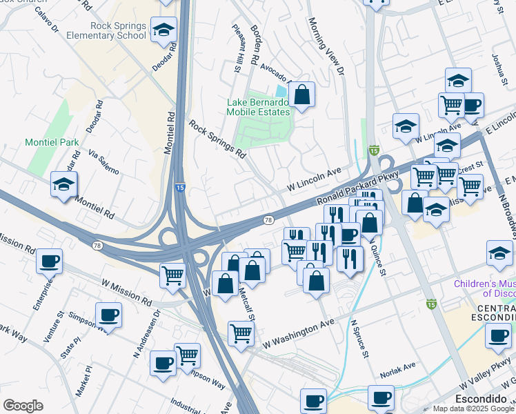 map of restaurants, bars, coffee shops, grocery stores, and more near 965 West Lincoln Avenue in Escondido