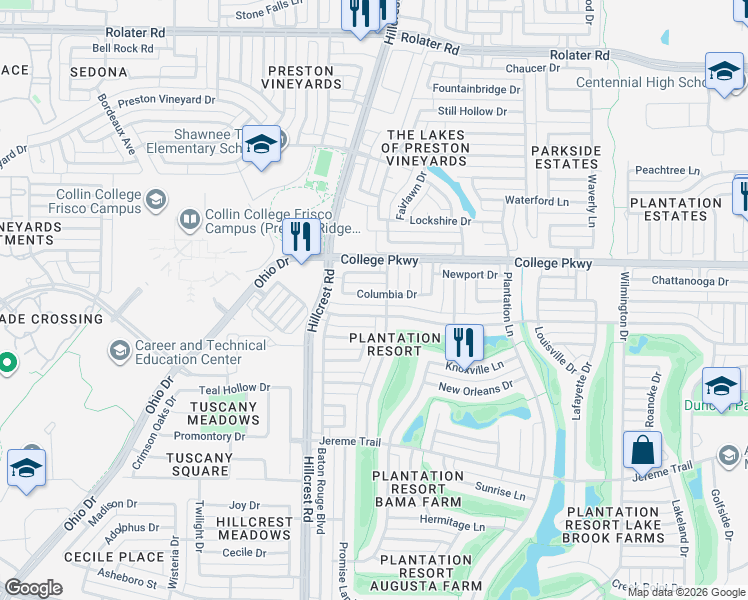 map of restaurants, bars, coffee shops, grocery stores, and more near 10900 Alexandria Drive in Frisco