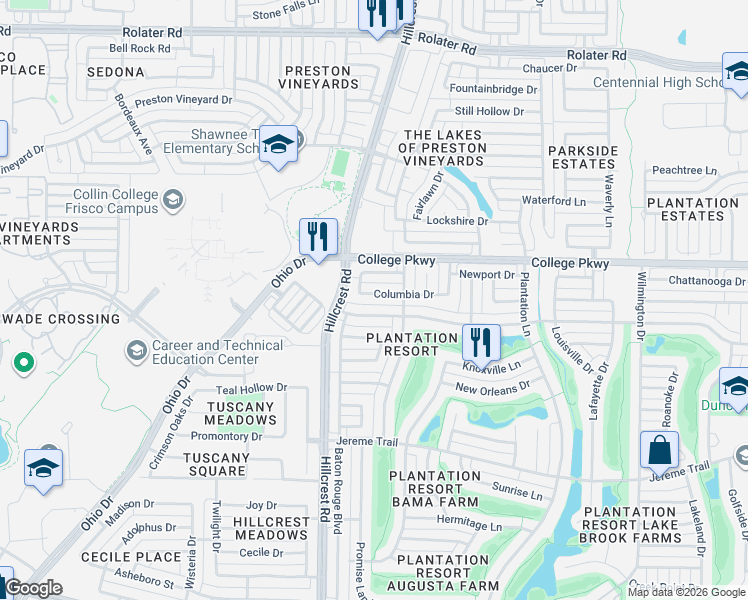 map of restaurants, bars, coffee shops, grocery stores, and more near 10708 Alexandria Drive in Frisco