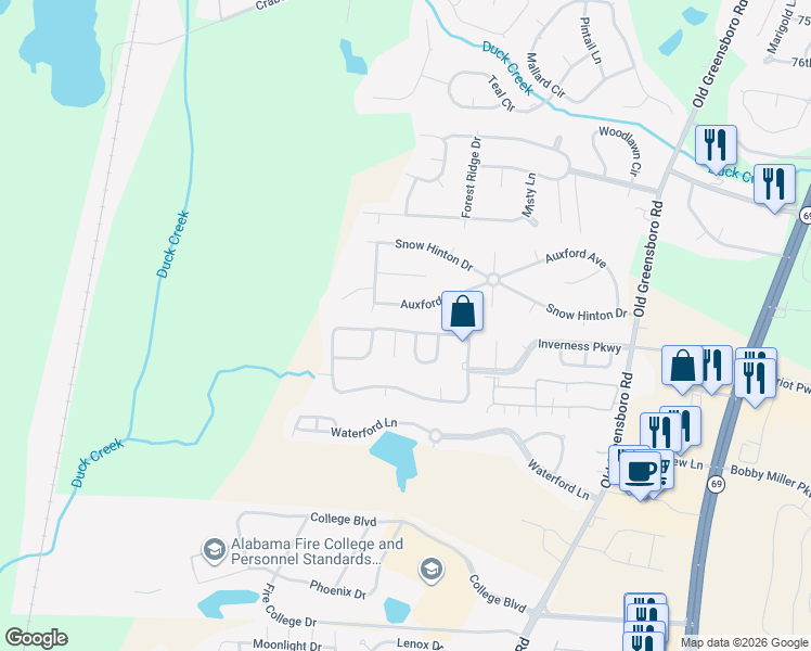 map of restaurants, bars, coffee shops, grocery stores, and more near 1900 Inverness Parkway in Tuscaloosa