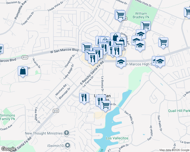 map of restaurants, bars, coffee shops, grocery stores, and more near 909 La Tierra Drive in San Marcos