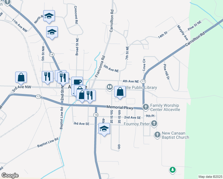map of restaurants, bars, coffee shops, grocery stores, and more near 498 3rd Avenue Northeast in Aliceville
