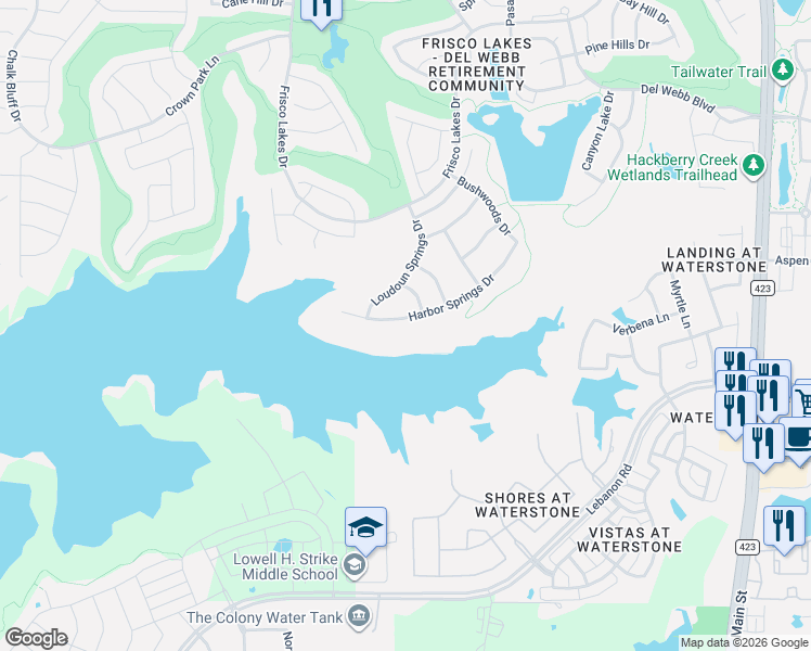 map of restaurants, bars, coffee shops, grocery stores, and more near 1421 Harbor Springs Drive in Frisco