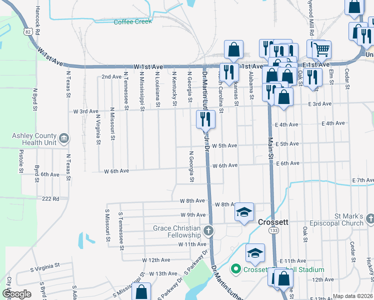 map of restaurants, bars, coffee shops, grocery stores, and more near 503 North Georgia Street in Crossett