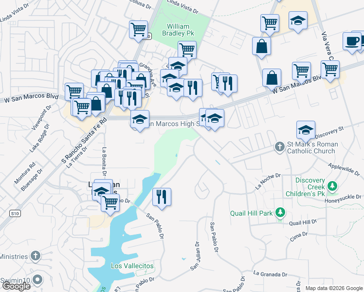 map of restaurants, bars, coffee shops, grocery stores, and more near 1329 San Pablo Court in San Marcos