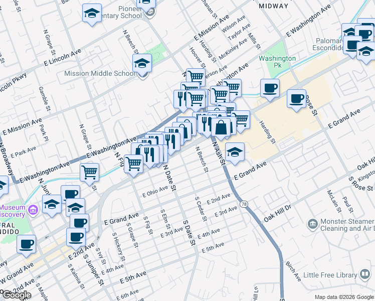 map of restaurants, bars, coffee shops, grocery stores, and more near 1030 East Pennsylvania Avenue in Escondido