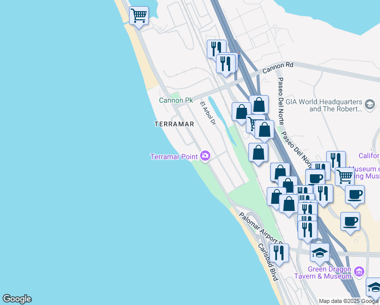 map of restaurants, bars, coffee shops, grocery stores, and more near 5305 Carlsbad Boulevard in Carlsbad