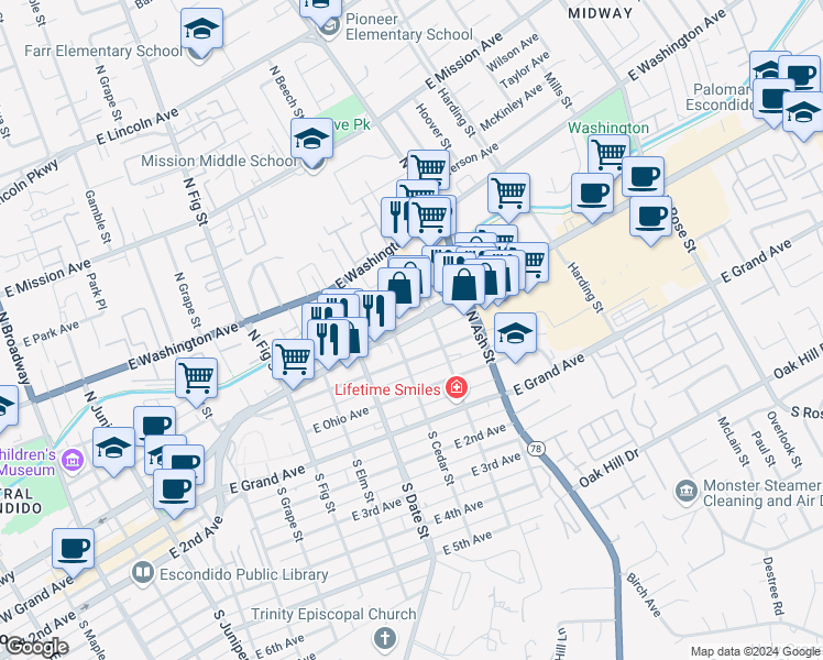 map of restaurants, bars, coffee shops, grocery stores, and more near 1025 East Valley Parkway in Escondido
