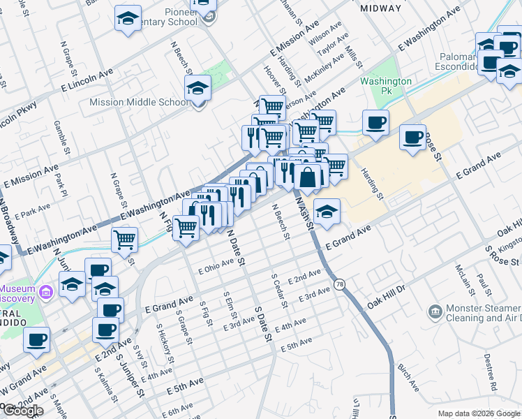 map of restaurants, bars, coffee shops, grocery stores, and more near 1030 East Pennsylvania Avenue in Escondido