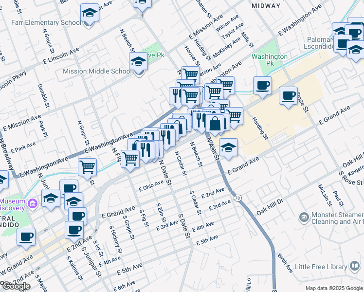 map of restaurants, bars, coffee shops, grocery stores, and more near 1025 East Valley Parkway in Escondido