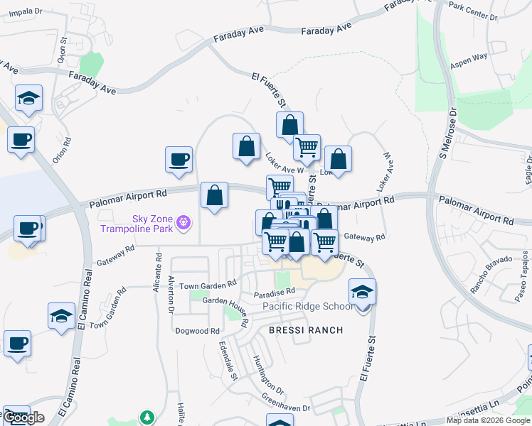 map of restaurants, bars, coffee shops, grocery stores, and more near 6050 Colt Place in Carlsbad