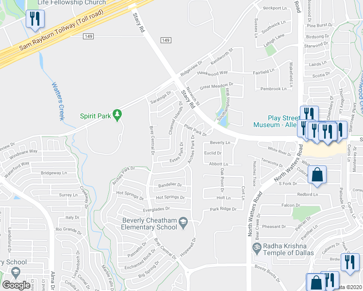 map of restaurants, bars, coffee shops, grocery stores, and more near 2119 Estes Park Drive in Allen