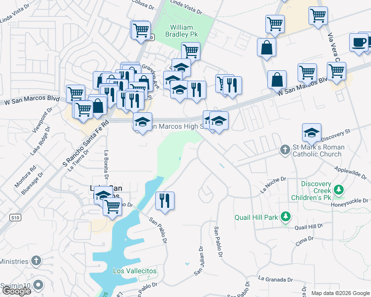map of restaurants, bars, coffee shops, grocery stores, and more near 1329 San Pablo Court in San Marcos