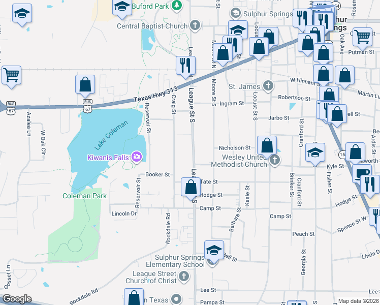 map of restaurants, bars, coffee shops, grocery stores, and more near 323 League Street South in Sulphur Springs