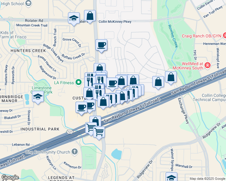 map of restaurants, bars, coffee shops, grocery stores, and more near 8900 Route 121 in McKinney