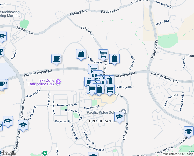 map of restaurants, bars, coffee shops, grocery stores, and more near 2650 Gateway Road in Carlsbad