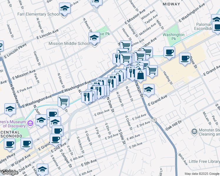 map of restaurants, bars, coffee shops, grocery stores, and more near 940 East Valley Parkway in Escondido