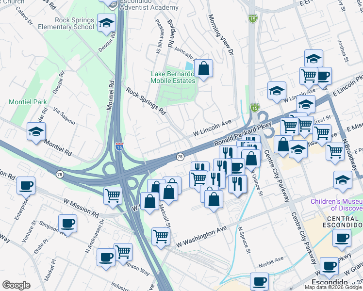 map of restaurants, bars, coffee shops, grocery stores, and more near 947 West Lincoln Avenue in Escondido