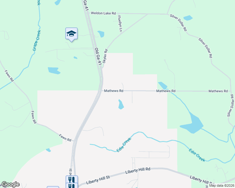 map of restaurants, bars, coffee shops, grocery stores, and more near 123 Mathews Road in Milner