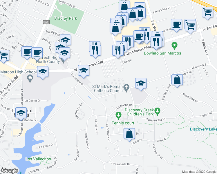 map of restaurants, bars, coffee shops, grocery stores, and more near 1286 Discovery Street in San Marcos