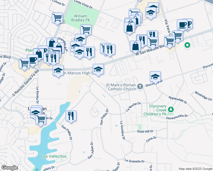 map of restaurants, bars, coffee shops, grocery stores, and more near 1286 Discovery Street in San Marcos