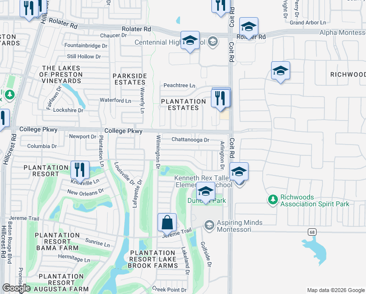 map of restaurants, bars, coffee shops, grocery stores, and more near 12105 Biloxi Drive in Frisco