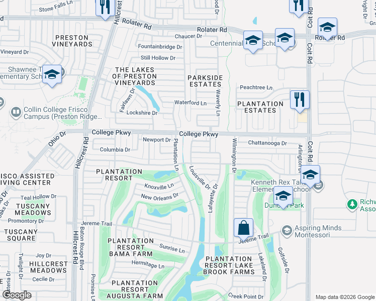 map of restaurants, bars, coffee shops, grocery stores, and more near 6109 Louisville Drive in Frisco