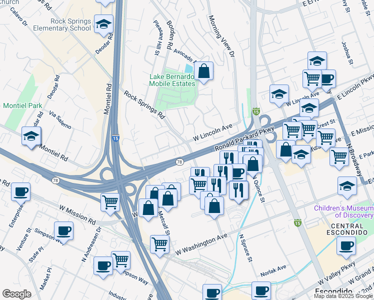 map of restaurants, bars, coffee shops, grocery stores, and more near 917 West Lincoln Avenue in Escondido