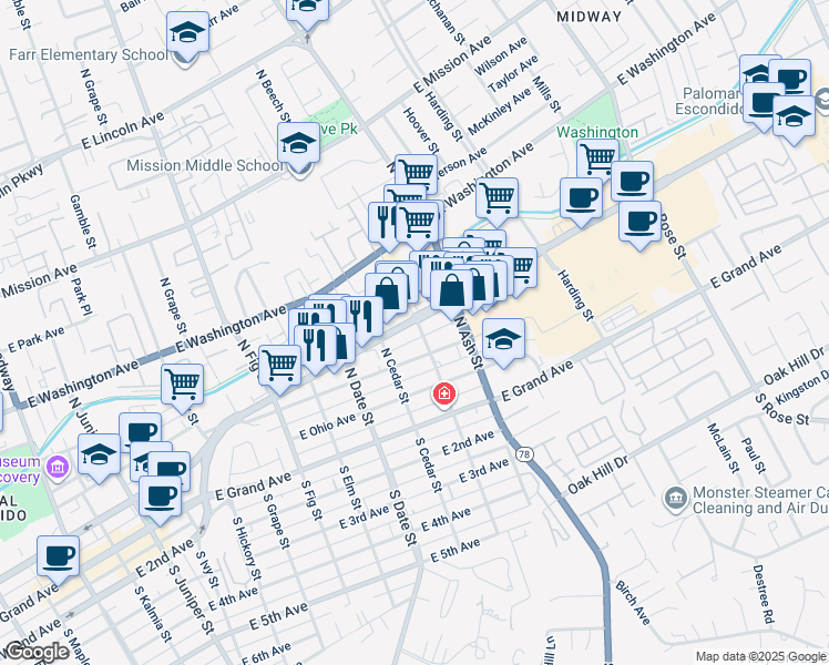 map of restaurants, bars, coffee shops, grocery stores, and more near 1030 East Pennsylvania Avenue in Escondido