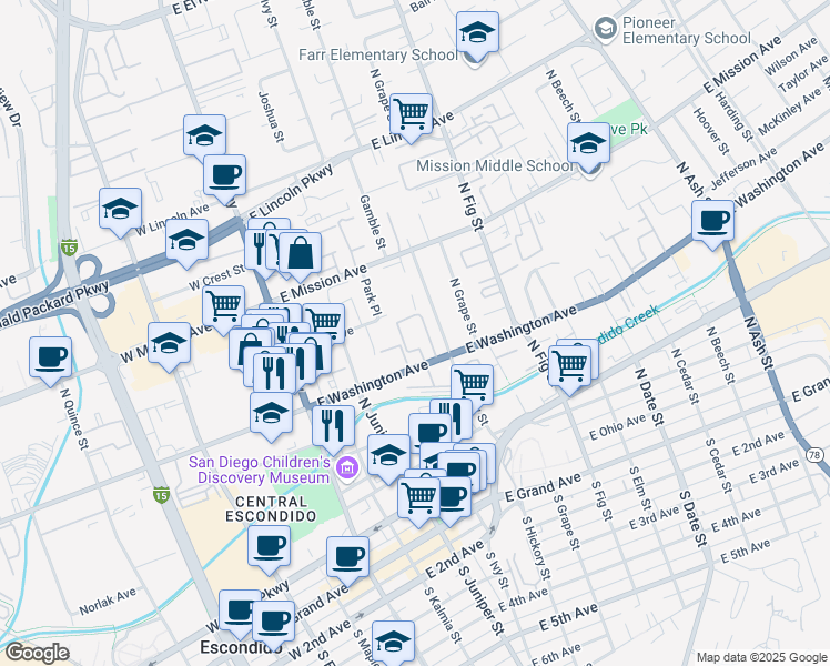 map of restaurants, bars, coffee shops, grocery stores, and more near 460 East Washington Avenue in Escondido