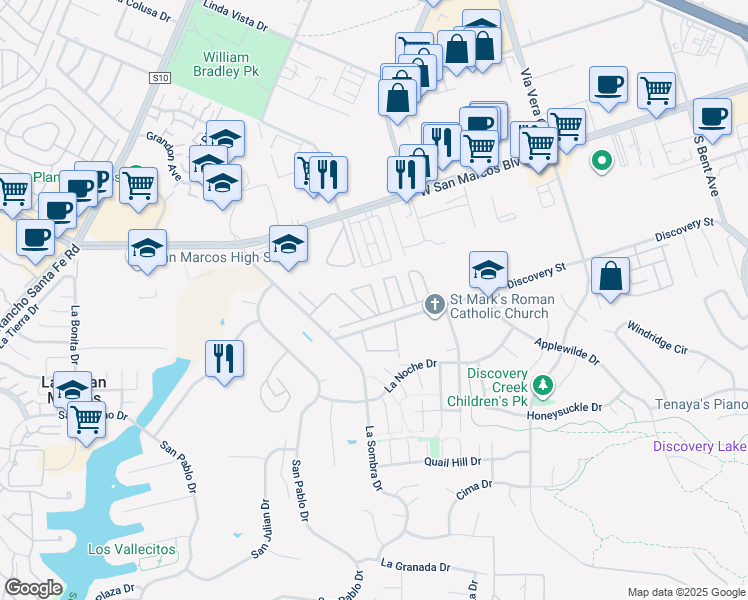 map of restaurants, bars, coffee shops, grocery stores, and more near 1220 Discovery Street in San Marcos