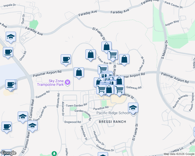 map of restaurants, bars, coffee shops, grocery stores, and more near 6050 Colt Place in Carlsbad
