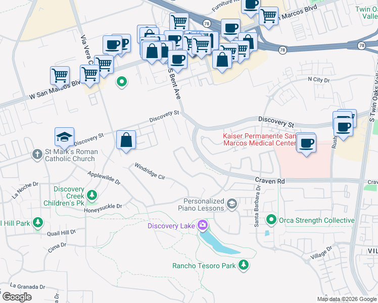 map of restaurants, bars, coffee shops, grocery stores, and more near 734 Lupine Drive in San Marcos