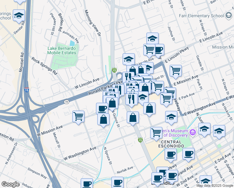 map of restaurants, bars, coffee shops, grocery stores, and more near 504 West Mission Avenue in Escondido