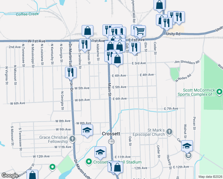 map of restaurants, bars, coffee shops, grocery stores, and more near 504 Pine Street in Crossett