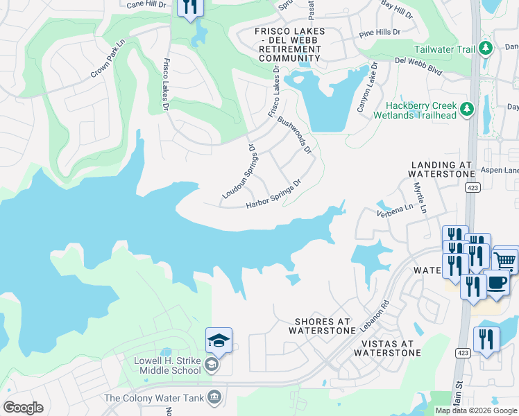 map of restaurants, bars, coffee shops, grocery stores, and more near 1421 Harbor Springs Drive in Frisco