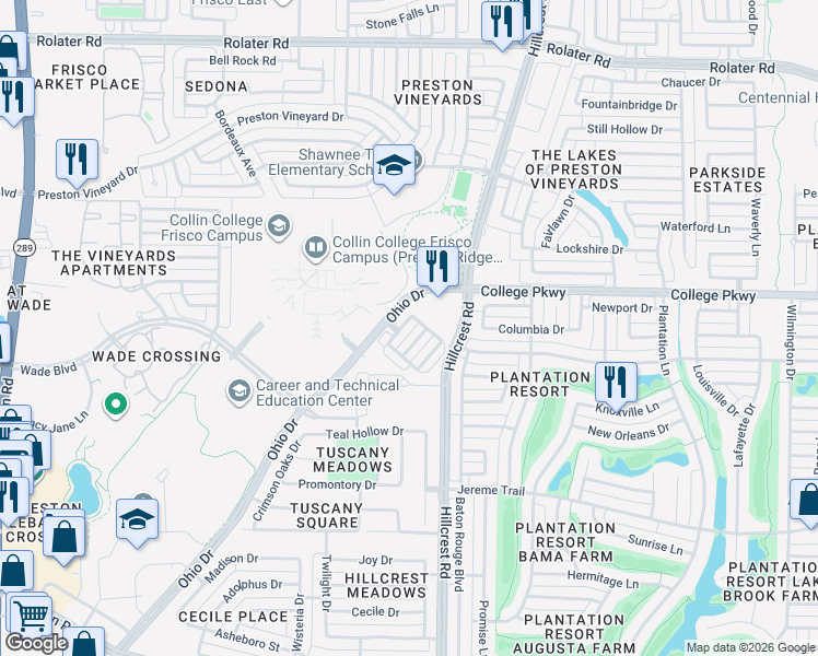 map of restaurants, bars, coffee shops, grocery stores, and more near 6214 Blythe Drive in Frisco