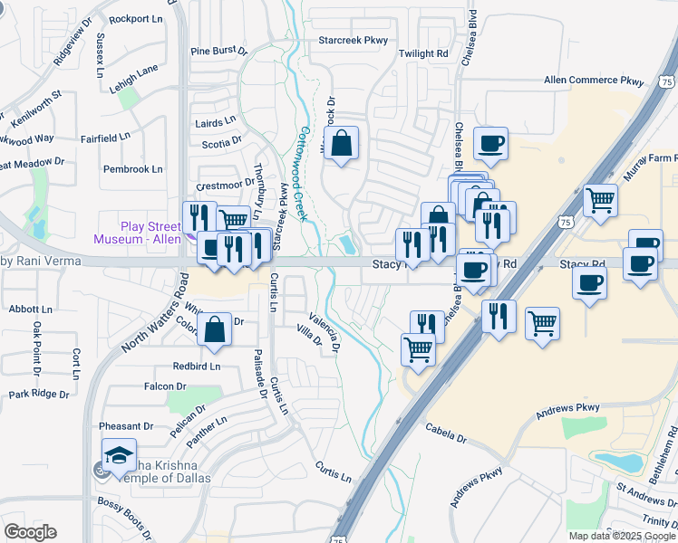 map of restaurants, bars, coffee shops, grocery stores, and more near 877 West Stacy Road in Allen