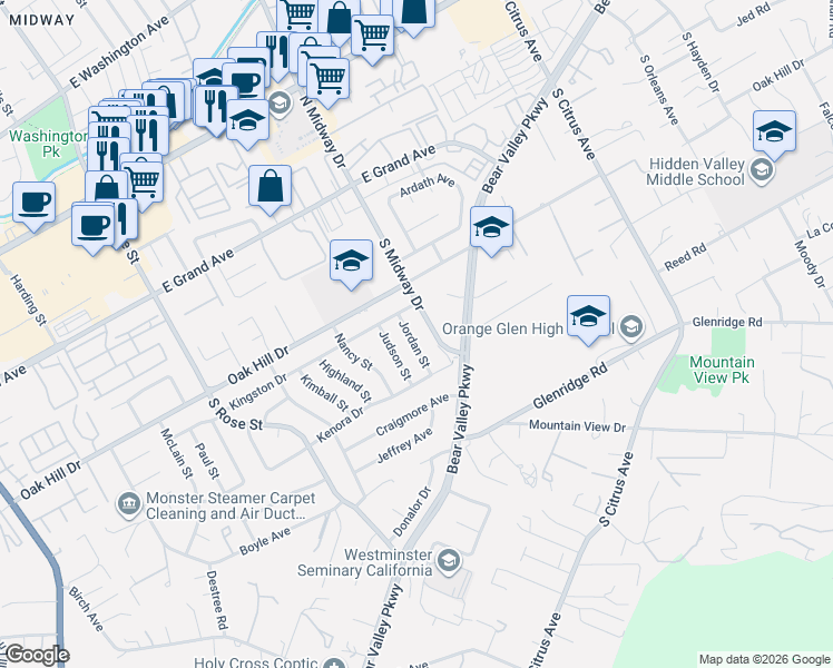 map of restaurants, bars, coffee shops, grocery stores, and more near 650 Judson Street in Escondido